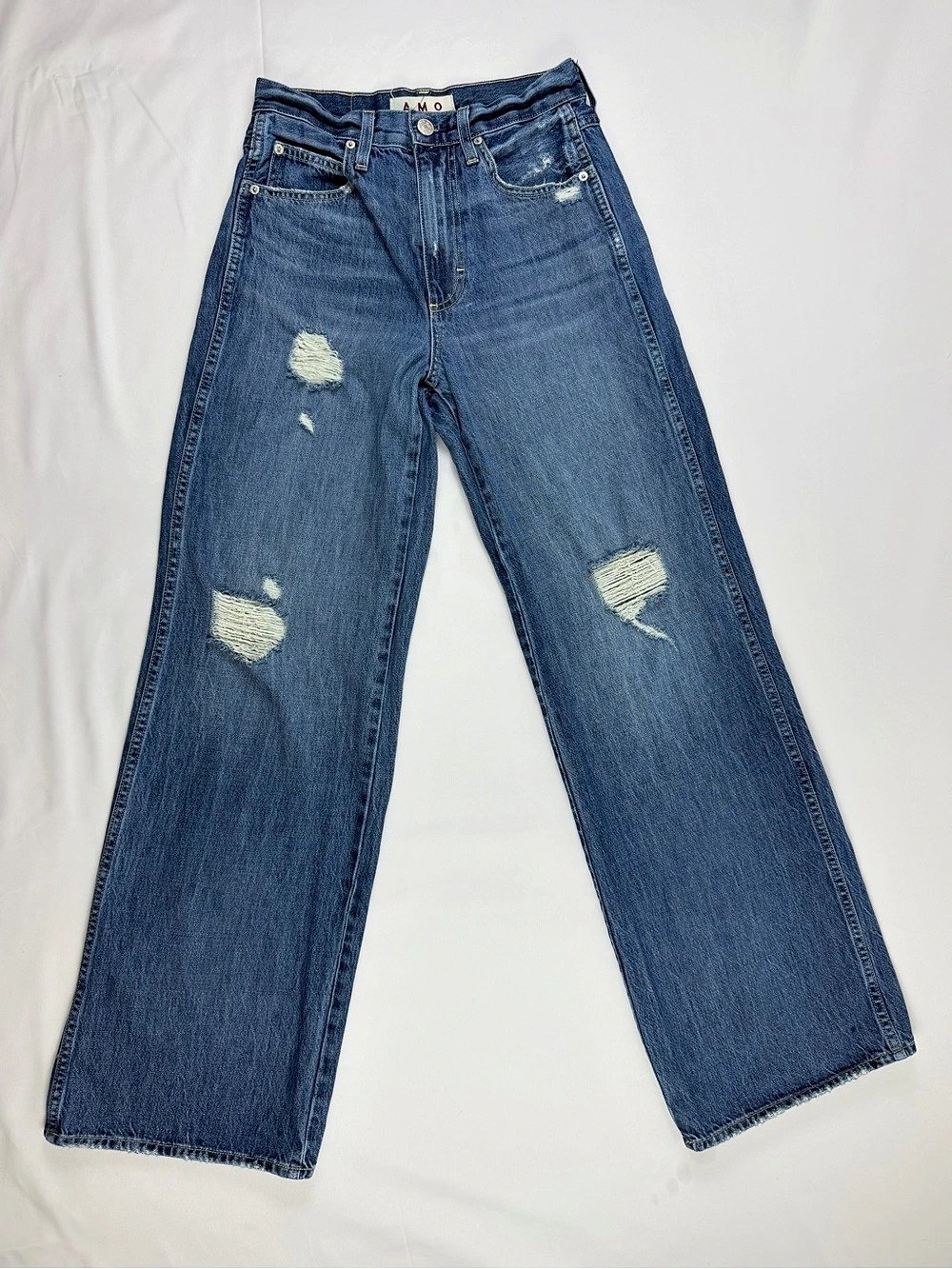 AMO Denim Frida Flare Jeans 26 Blue Pine Distressed High Rise Wide Leg